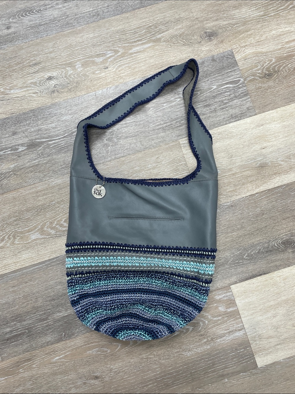 NWOT The Sak Hand Crocheted Leather Hobo Bag Blue Gray